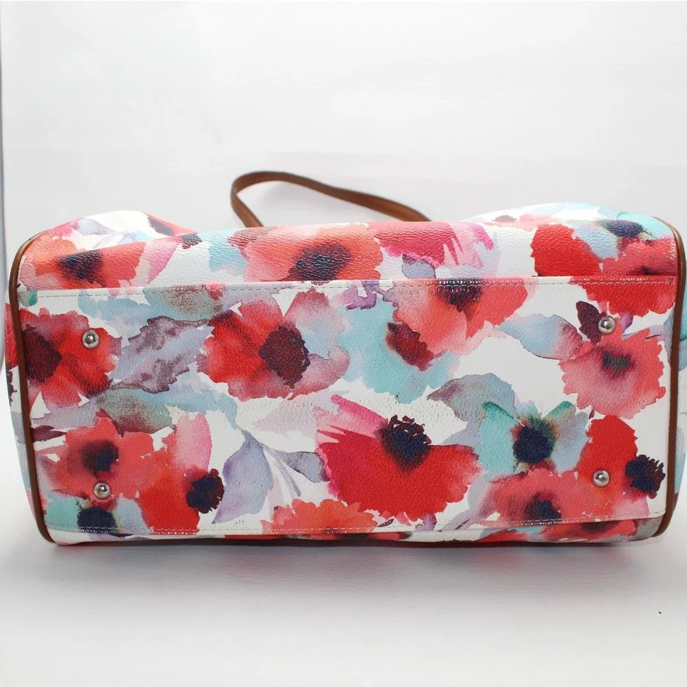 Lauren Ralph Lauren Floral Watercolor Satchel Bag‎ Brown Leather Trim Red Blue